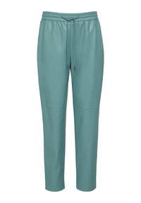 Tarnfarbene, nachgeahmte Leder-Jogginghosen mit einem elastischen Bund, Kordelzug und schmal zulaufenden Beinen, die über gestickte Details entlang der Nähte verfügen.
