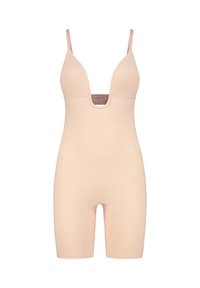Body nudo con scollatura a V profonda, spalline regolabili e lunghezza fino a metà coscia. Realizzato in materiale liscio e elastico per comfort e vestibilità.