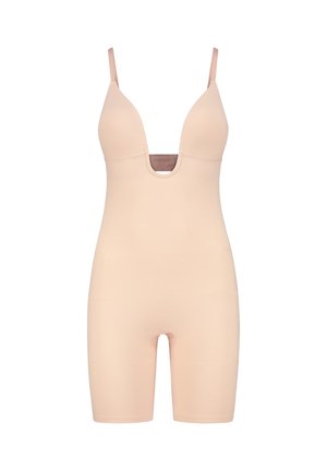 Naakt bodysuit met een diepe V-hals, verstelbare banden en een lengte tot halverwege de dij. Gemaakt van een glad, rekbaar materiaal voor comfort en pasvorm.