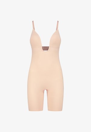 Body nudo con scollatura a V profonda, spalline regolabili e lunghezza fino a metà coscia. Realizzato in materiale liscio e elastico per comfort e vestibilità.