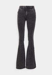 Zwarte hoge taille vervaagde denim jeans met een slim fit bij de bovenbenen en uitlopende benen, voorzien van voorzakken en riemlussen.