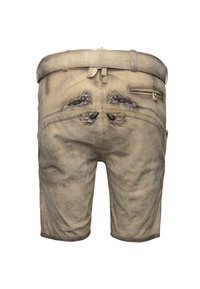 Traditionele bruine leren lederhosen met decoratieve stiksels en een riem, vanachter zichtbaar met een klein ritszakje.