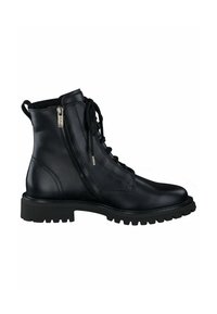 Zwarte leren enkelboots met een vetersluiting aan de voorkant, een rits aan de zijkant en een stevige rubberen zool. Beschikt over een soepele textuur en een robuust ontwerp.