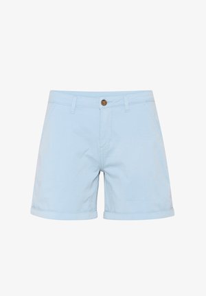 Light blue cotton shorts with rolled cuffs, featuring a front button closure, two front pockets, and a clean, simple design.