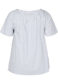 Blouse à manches courtes, coupe ample, avec des rayures verticales grises et blanches et un col rond froncé.