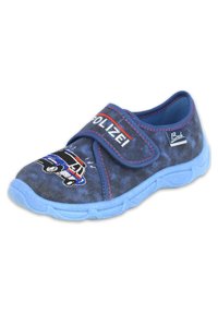 Navyblauwe slipper met verstelbare klittenbandsluiting, voorzien van een geborduurd politiewagenmotief en een blauwe rubberen zool, geschikt voor kinderen.