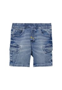 Pantalones cortos de mezclilla con una cinturilla elástica y cordón, que cuentan con dos bolsillos laterales y dos bolsillos de carga, en un color azul desgastado.
