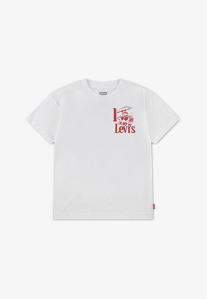 T-shirt bianca in cotone con stampa grafica rossa con la scritta "I love Levi's" e un disegno con occhiali da sole e un ombrello. Maniche corte, scollo rotondo.
