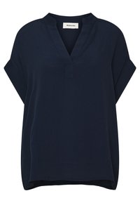 Blusa blu navy a maniche corte con scollatura a V e colletto alla mandarino, caratterizzata da un tessuto leggermente testurizzato e una vestibilità rilassata.