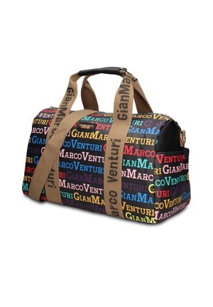 Schwarze Duffel-Tasche mit bunten "Marco Venturi" und "Gian" Schriftmustern, beigen Trägern mit schwarzem Text und schwarzen Ledergriff-Akzenten.