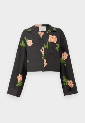 Kurzes schwarzes Shirt mit langen Ärmeln, verziert mit Pfirsich-Rosen-Stickerei und einer Vordertasche. Hergestellt aus glattem Stoff, mit Knopfverschluss.