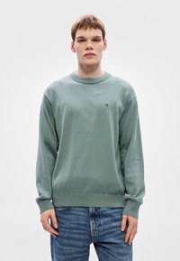 Ανοιχτό πράσινο πουλόβερ από πλεκτό ύφασμα, με ριμπ γιακά και μανσέτες. Μικρό λογότυπο στο στήθος. Συνδυάζεται με μπλε τζιν.