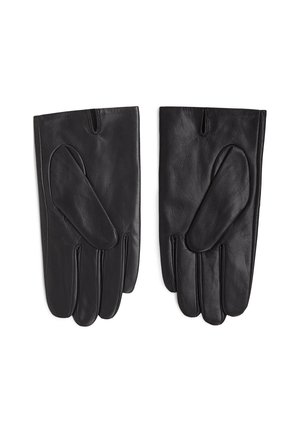 Paar schwarze Lederhandschuhe mit separaten Daumen- und Fingersektionen, flach liegend mit den Handflächen nach unten auf weißem Hintergrund.