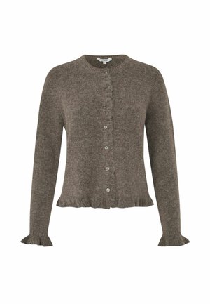 Ruskea neulottu villatakki pitkillä hihoilla, pyöreällä pääntiellä ja röyhelöillä olevilla hihansuilla. Takissa on nappisuljenta edessä ja se on vyötäröltä istuva.