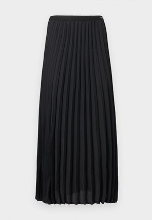 Fekete pliszírozott midi szoknya elasztikus derékpánttal, könnyű anyagból, világos háttér előtt laposan elhelyezve.