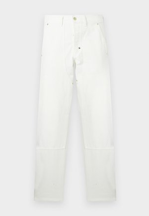 Biele nohavice rovného strihu s gombíkom a zipsom na zapínanie, očkami na opasok, prednými vreckami a zosilnenými panelmi na kolenách.
