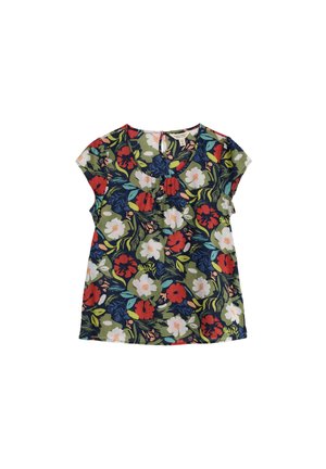Blouse à manches courtes avec motif floral multicolore comprenant des fleurs rouges, blanches et bleues sur un fond vert olive.