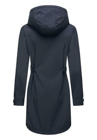 Tamsiai mėlynas lietpaltis su gobtuvu, ilgomis rankovėmis, reguliuojamu juosmeniu su mygtukais ir tiesiu siluetu. Lygi, vandeniui atspari tekstūra.
