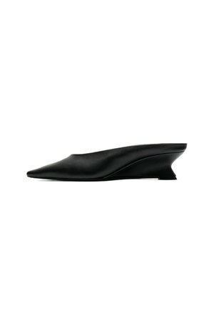Black leather pointed-toe mule with a low, sculpted wedge heel and slip-on design.