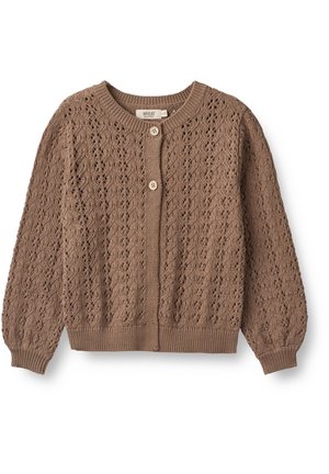 Brązowy dziergany kardigan z koronkowym wzorem, ściągaczami na mankietach i dole, wyposażony w dwa okrągłe guziki z przodu do zapięcia.