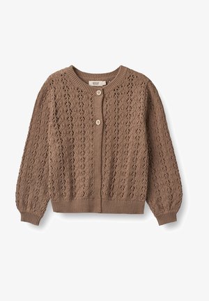 Cardigan en maille marron avec un motif en dentelle, poignets et ourlet côtelés, doté de deux boutons ronds à l'avant pour la fermeture.