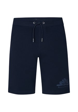 Navy cotton shorts with a drawstring waistband, straight leg design, and a subtle logo on the lower left leg. Smooth texture.