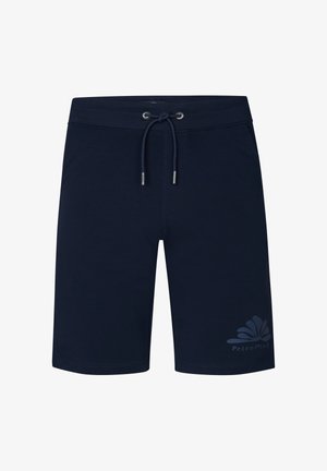 Marineblauwe katoenen shorts met een trekkoord in de taille, een rechte pijpdesign en een subtiel logo op de onderzijde van het linkerpijp. Gladde textuur.