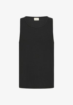 Canotta nera a coste senza maniche con scollo rotondo e etichetta del marchio "ISOLID" all'interno del collo posteriore, taglia large.