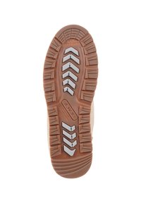 Semelle en caoutchouc avec un motif de semelle en zigzag, présentant des crampons et des rainures proéminents pour l'adhérence. La palette de couleurs comprend des accents beige et gris.