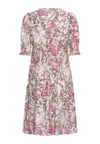 Haljina do koljena s cvjetnim uzorkom u ružičastim, bež i smeđim tonovima, kratkih puf rukava i detaljem elastičnog nabrana struka.