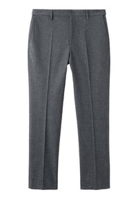 Szare wełniane spodnie o prostym kroju nogawki, z podwójnymi plisami z przodu, paskiem z pojedynczym zapięciem na guzik oraz kieszeniami po bokach.