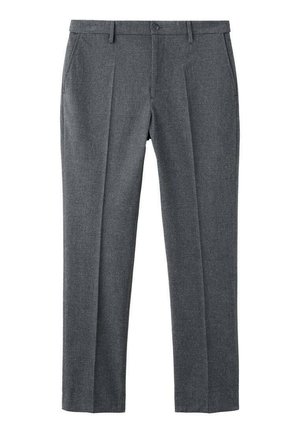 Pantaloni in lana grigia con taglio a gamba dritta, doppia piega frontale, vita con chiusura a bottone singolo e tasche laterali.