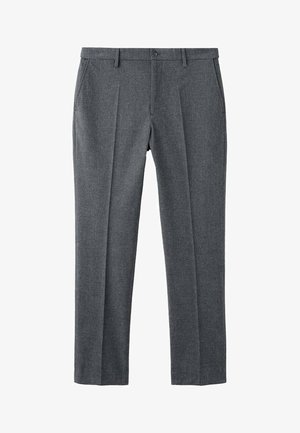 Pantaloni gri din lână, cu design drepte, două pliuri frontale, talie cu o singură capsa și buzunare laterale.