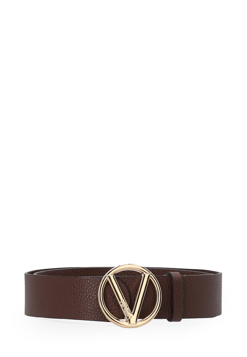Brown pebbled leather belt with a circular gold-tone buckle featuring a prominent "V" logo. Smooth texture, fully adjustable design.