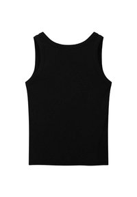 Zwarte mouwloze tanktop van zacht materiaal met een ronde halslijn en een afgeronde zoom. Soepele stof, minimalistisch ontwerp zonder versieringen.