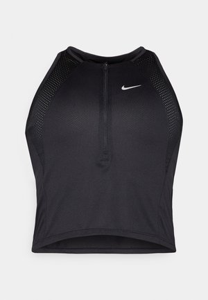 Black athletic crop top with a zip-front, mesh accents, and a fitted design. Made from stretchy, breathable fabric. Nike logo on front.