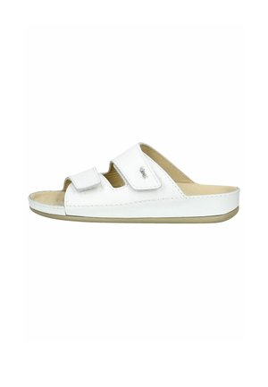 White slide sandal made of synthetic material with two adjustable hook-and-loop straps. Features a beige sole and minimal seam stitching.