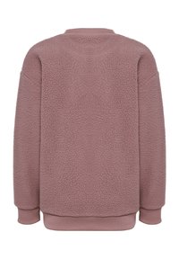 Fleece pullover in dusty rose, featuring a textured surface, long sleeves, and ribbed cuffs and hem. Back view shows a relaxed fit.