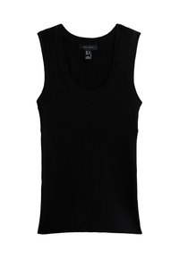 Svart ribbad linne med bred rundhalsning och ärmlös design. Tillverkad av ett mjukt material, med en figurnära passform och rena kanter.