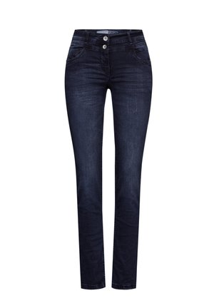 Dark blue denim jeans featuring a slim fit, mid-rise waist, two front pockets, and a button closure with two buttons.