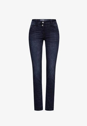 Dark blue denim jeans featuring a slim fit, mid-rise waist, two front pockets, and a button closure with two buttons.