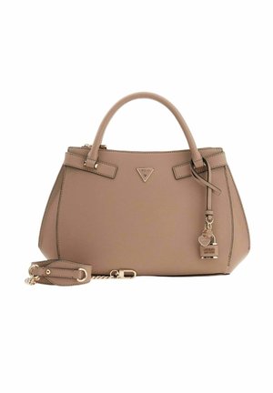 Borsa a mano beige in ecopelle con design strutturato, doppi manici superiori e tracolla removibile. Presenta dettagli in metallo dorato e logo.