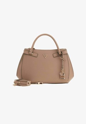 Borsa a mano beige in ecopelle con design strutturato, doppi manici superiori e tracolla removibile. Presenta dettagli in metallo dorato e logo.