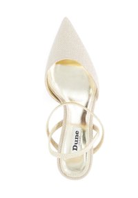 Gold strappy high-heeled shoe with a pointed toe, textured beige upper, and metallic gold insole. Features thin, crisscrossing straps.
