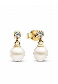 Zlaté náušnice s okrúhlou bielou perlou a malým čírym kamienkom nad ňou. Hladký povrch s lesklým prevedením, s dizajnom na upevnenie.
