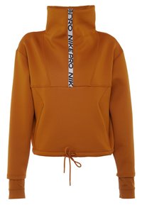 Pull orange avec col montant et fermeture éclair devant, doté d'un ourlet à cordon de serrage, d'une texture douce et d'un design sportif. Accents avec le logo de la marque.