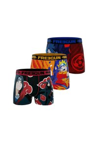 Trois paires de boxers ornés de personnages animés. Fabriqués en tissu extensible avec des graphismes colorés, bases noires, rouges et jaunes.