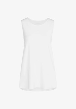 White sleeveless tunic top with a round neckline, soft fabric, loose fit, and curved hemline for a relaxed silhouette.