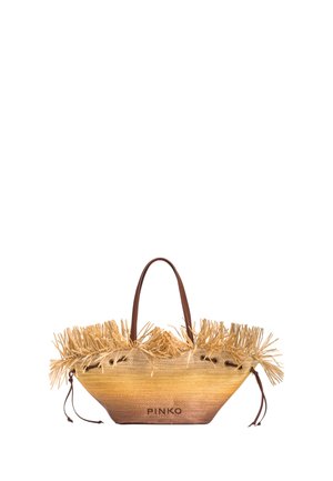Geflochtene Strohtasche mit braunen Ledergriffen, besetztem oberen Rand und "PINKO" Logo mittig vorne gedruckt.