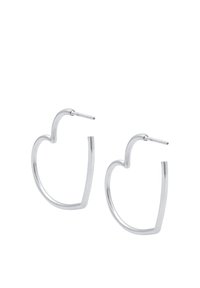Silver hoop earrings shaped like a heart, featuring a smooth, polished surface and a curved design. Simple post back closure.